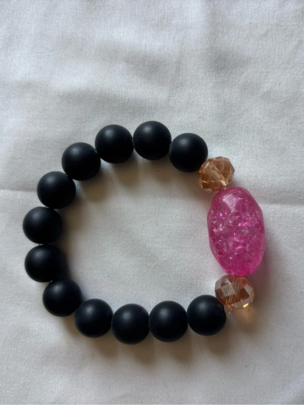 Pink Crystal Accent Black Bead Stretch Bracelet